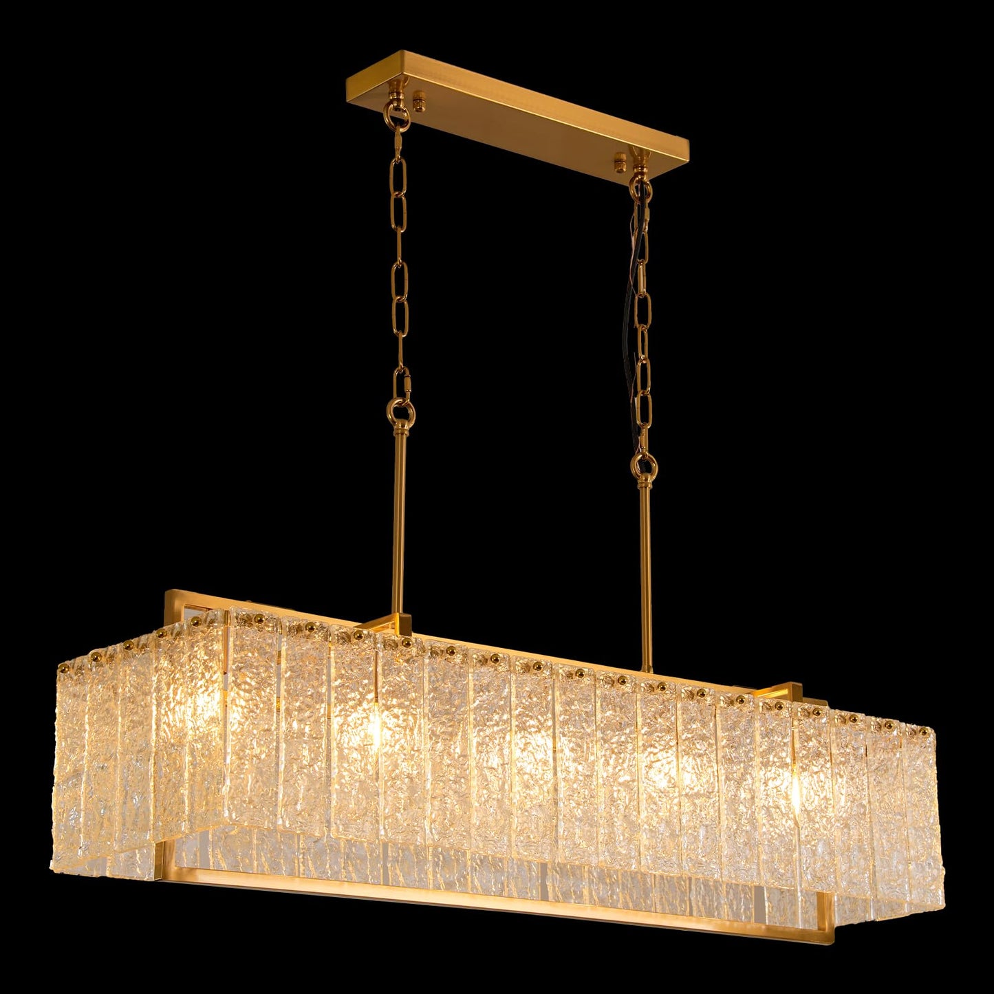 HSMKL Modern Rectangular Crystal Chandelier for Dining Room Gold Rectangle Water Ripple Glass Pendant Ceiling Light 5-Lights Hanging Light Fixture for Living Room Kitchen Island L39" x W11.8" x H11"
