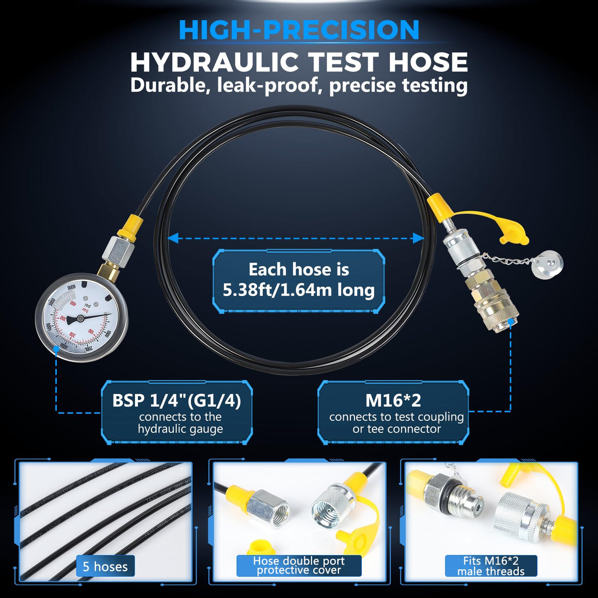 Hydraulic Pressure Test Kit with 5 Gauges up to 10000 PSI 10–600 Bar, 13 Couplings 14 Tee Connectors and 5 Hoses, Hydraulic Tester for Excavators Loaders and Construction Equipment