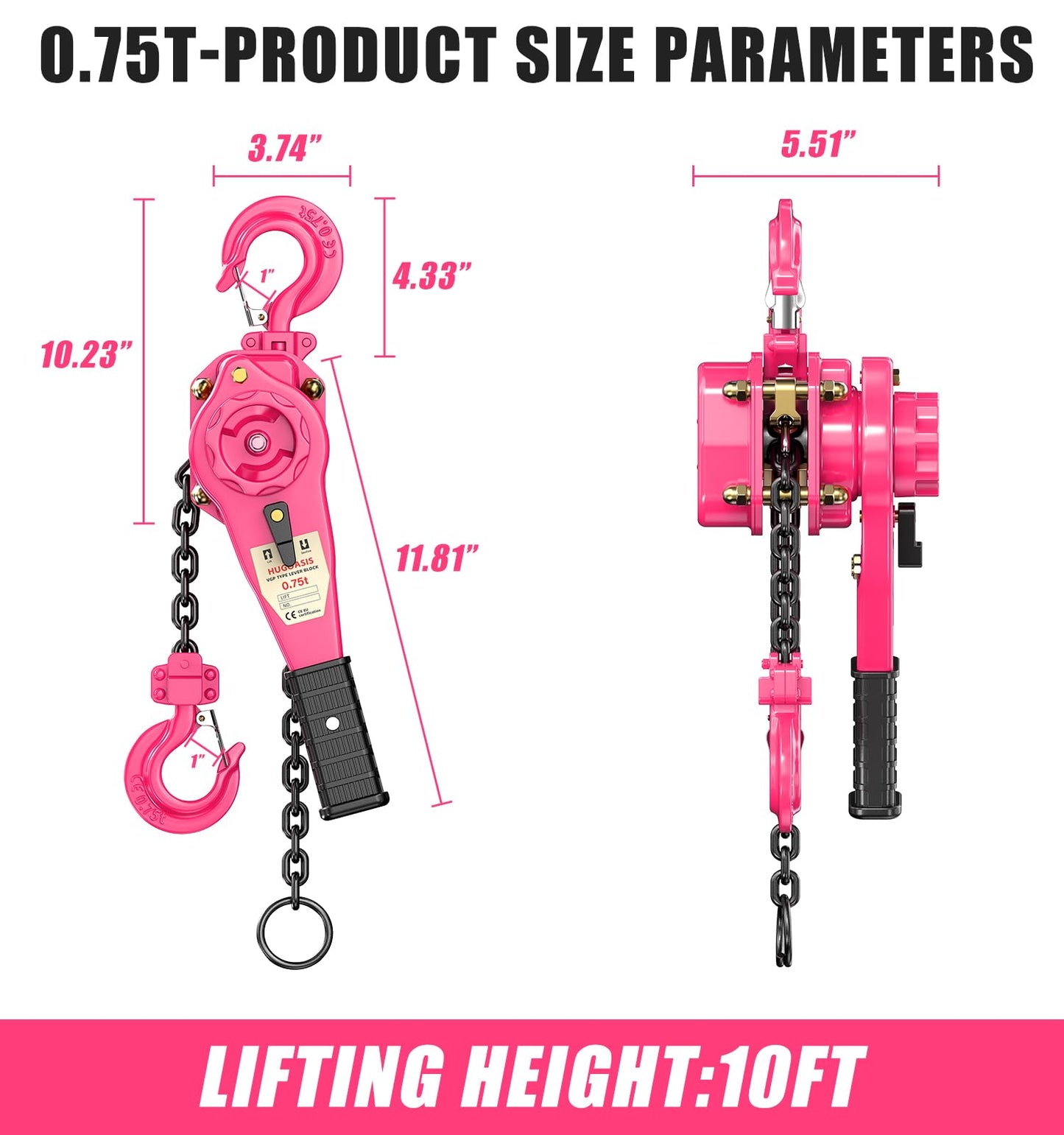 HUGOASIS 3/4 Ton 1650lbs Lever Chain Hoist Capacity 5ft,Chain Come Along with Dual Brake System, G80 Manganese Steel Chain, 2 Heavy Duty Hooks for Garages Warehouse Automotive Machinery – Pink