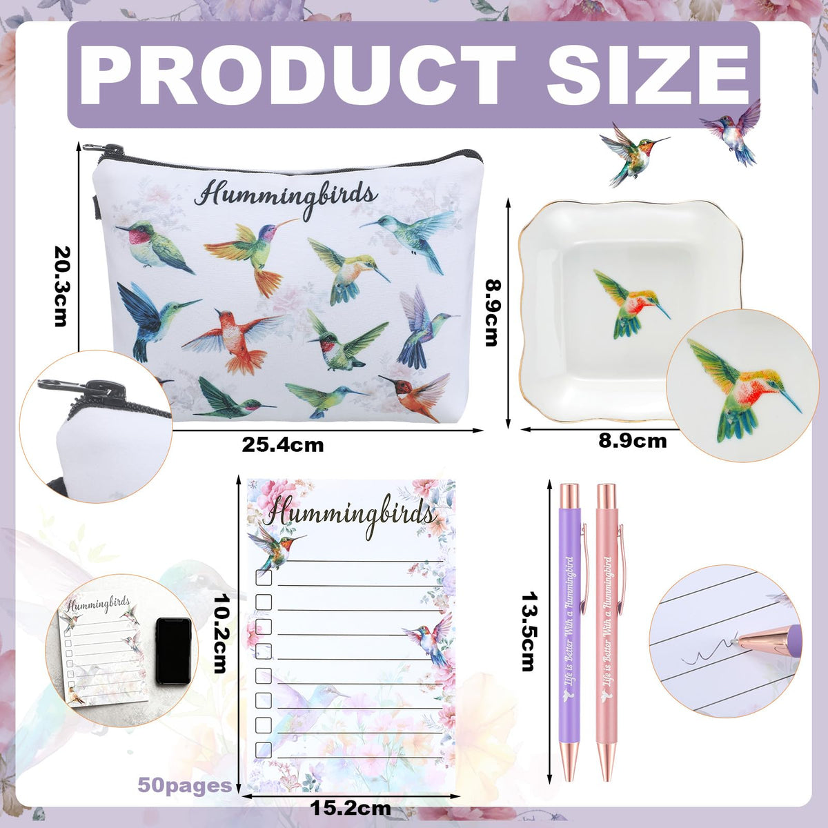 Dansydaisy 4 Pcs Hummingbird Valentine's Day Women Gifts Include Ring Dishes, Ballpoint Pen, Sticky Notes to Do List, Makeup Bag, for Wife Sister Best Friend, for Birthday Christmas Gifts
