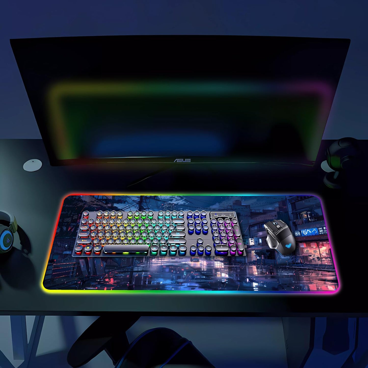 Armanza RGB Gaming Mouse Pad, Large Mousepad with Led Light, Gaming Accessories Keyboard Pad for Desk, Non-Slip Rubber Base Big Mouse Mat for Gamer, 31.5 X 11.8 Inch, Japanese Streets
