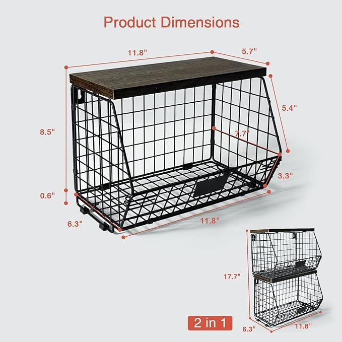 Hanging Wall Fruit Basket for Kitchen Counter 2 Pack, Stackable Wire Baskets