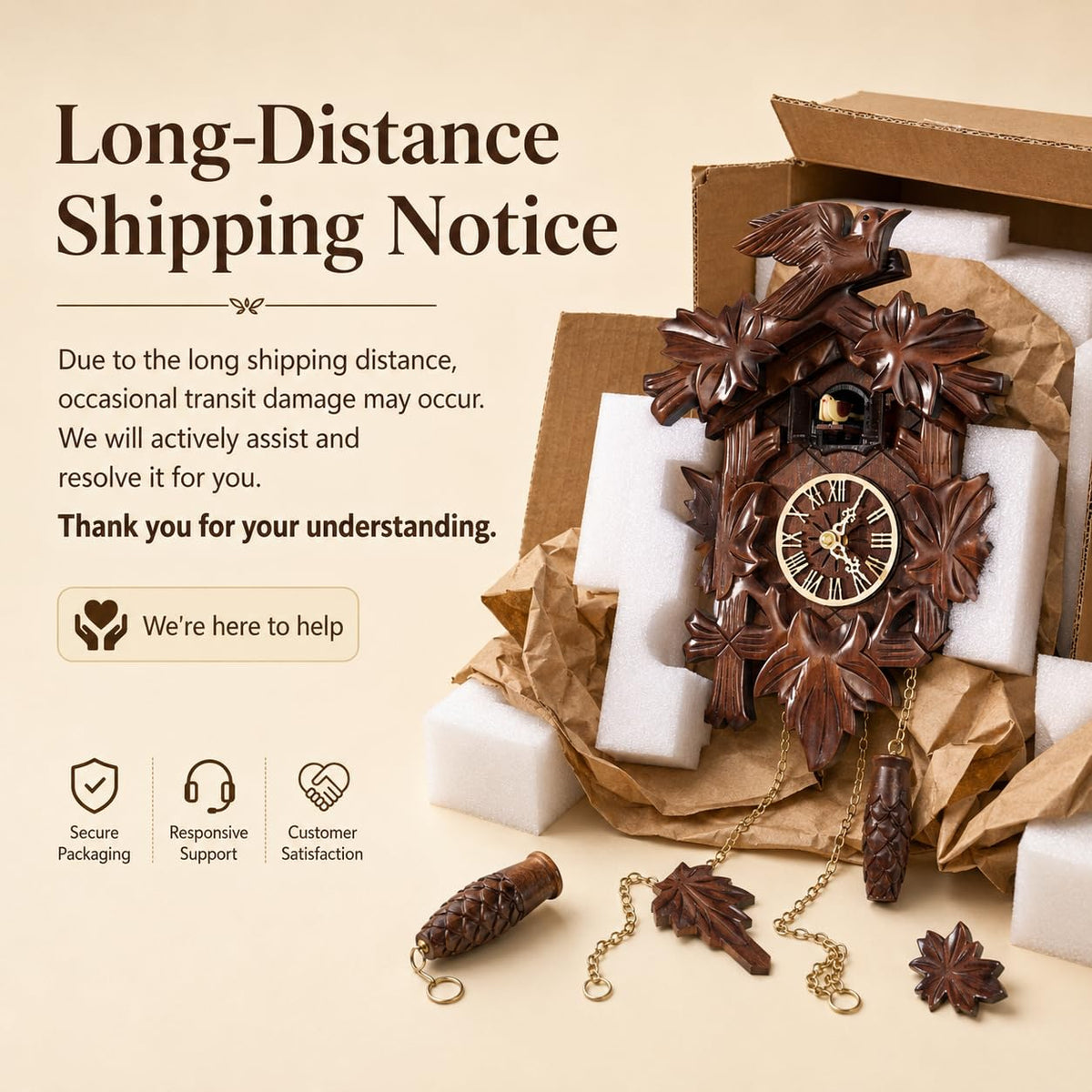 Cuckoopro Cuckoo Clock, Black Forest Style Wooden Pendulum Quartz Wall Clock, Volume Control, Night Silent, Gift Package, Professional Service