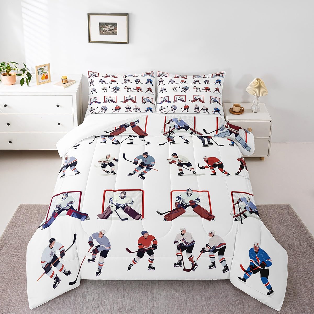 Feelyou Ice Hockey Bedding Set Kids Sports Event Comforter Set Hockey Player Comforter for Boys Room Decor Lightweight Duvet Set Twin with 1 Pillow Case