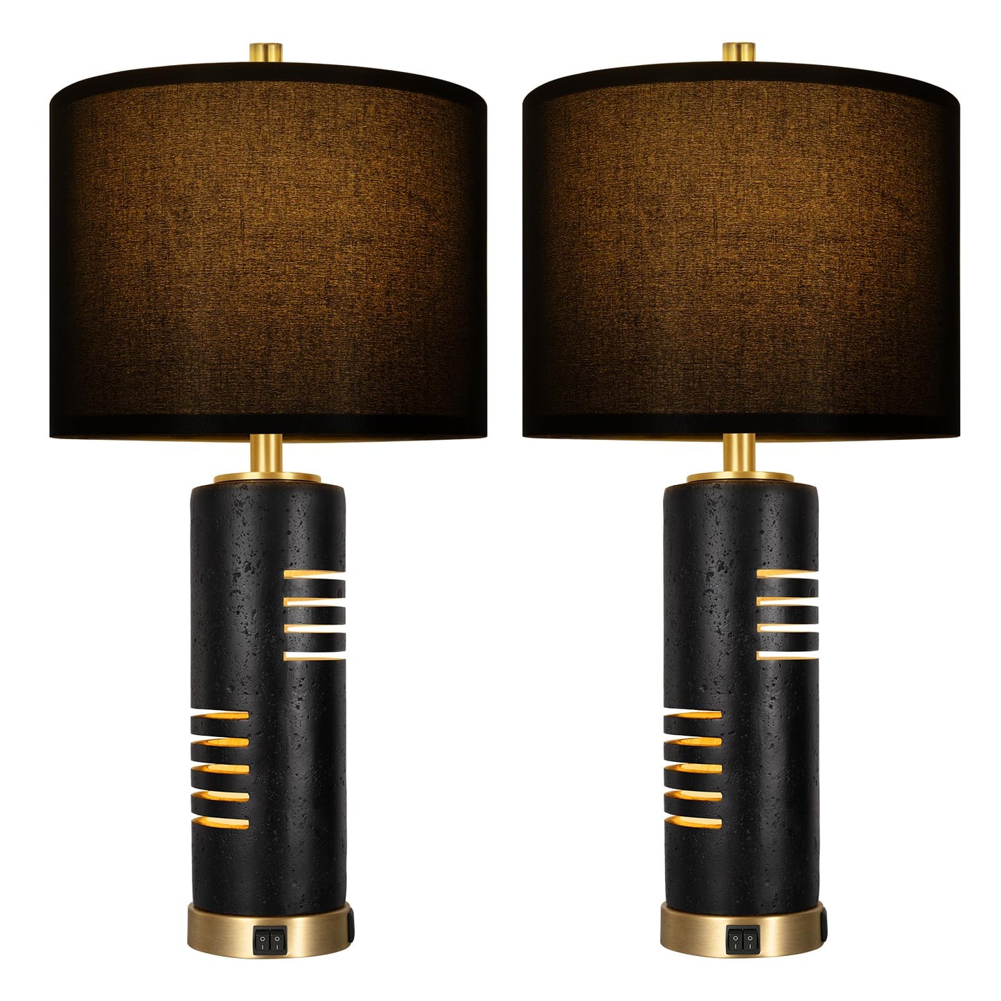 KIVDITZO 27.5" Faux Stone Table Lamps Set of 2, Farmhouse Table Lamps for Living Room with Night Light & USB A+C Ports, Black Lamps with Faux Silk Shade for Bedroom Nightstand Office (Bulb Included)