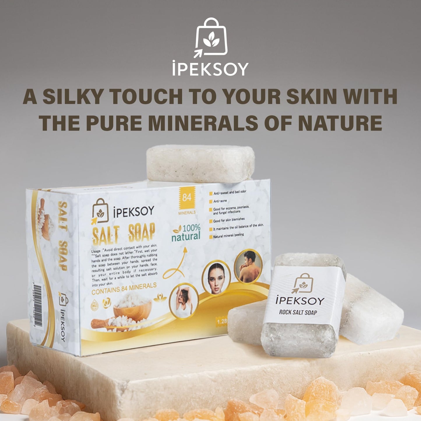 ipeksoy Natural Salt Soap Bar – Purifying and Exfoliating Organic Unscented Bar Soap for Men & Women – Pure Mineral Rock Salt Soap for Gentle Skin Care and Odor Control (Salt (3 Pieces))