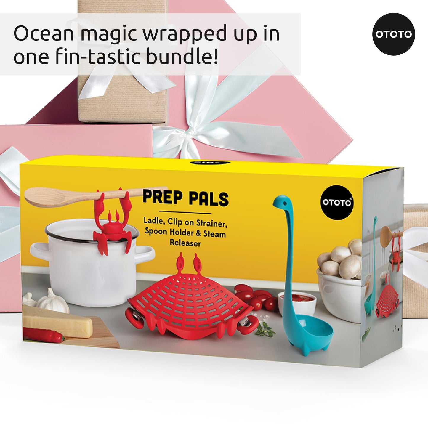 OTOTO Prep Pals Bundle of Red the Crab, Nessie, Crabby - Cute Kitchen Accessories, Kitchen Gadgets, Spoon Rest for Stove Top, Soup Ladle, Pasta Strainer, Funny Unique Gifts, Cooking Gifts