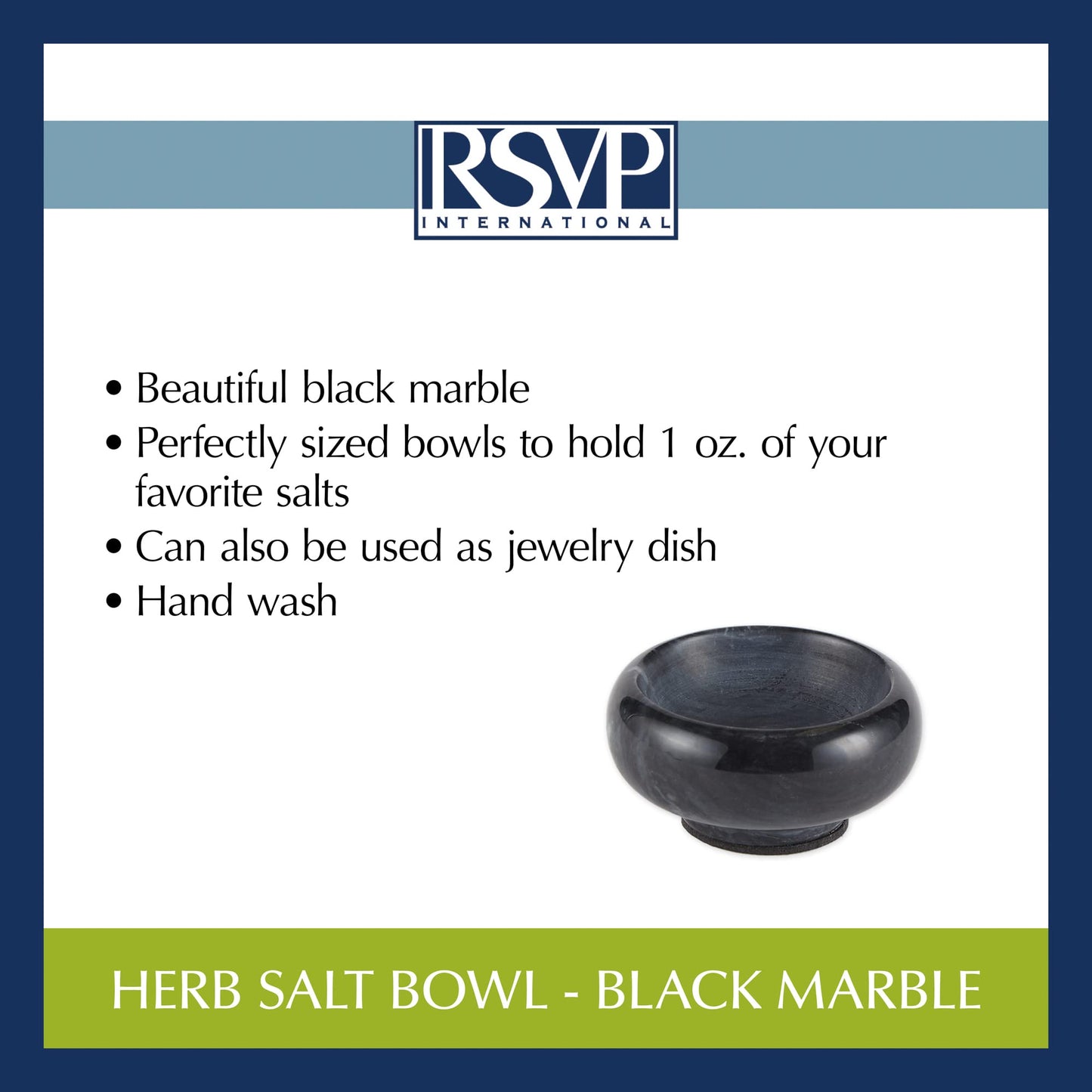 RSVP International Herb & Salt Containers for Countertop Polished Marble Dish/Bowl, 2.75" Diameter x 1.5", Black