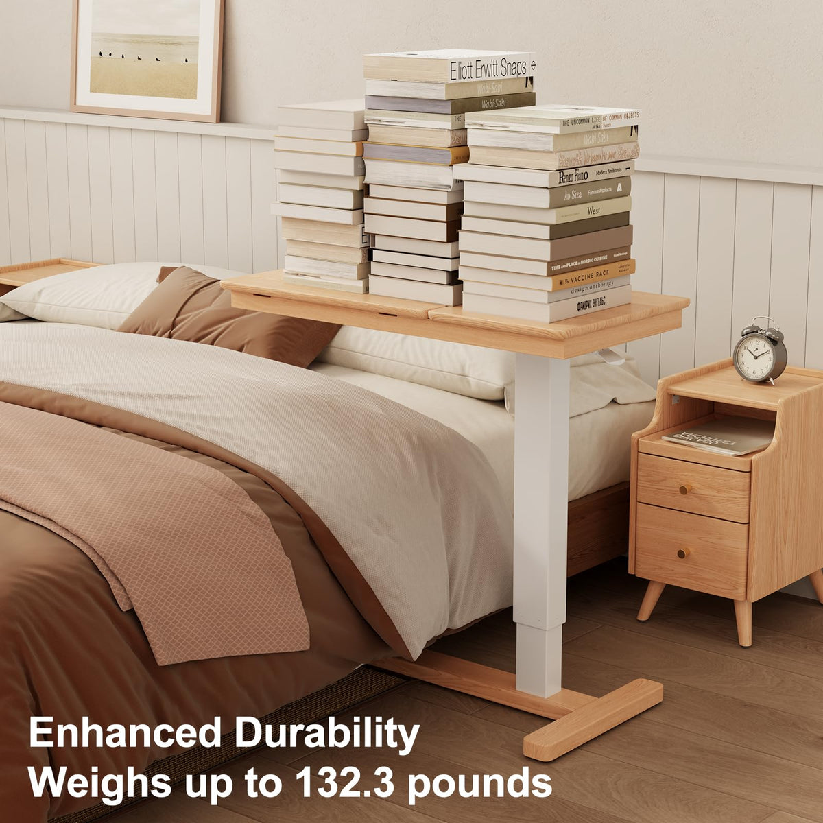 Muwuele Solid Wood Overbed Bedside Table with Wheels, Adjustable Medical Tilt Top Hospital Bed Table Over The Bed, Rolling Laptop Desk, Mobile Standing Desk for Hospital and Home Use (Natural)