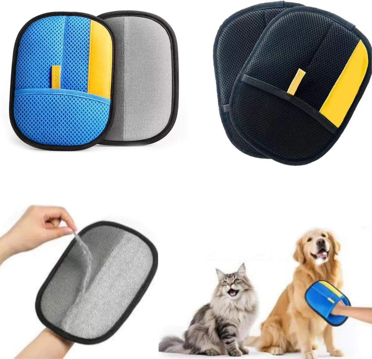 Pet Grooming Gloves 4 Pack (2 Blue & 2 Black) โ Deshedding Brush Mitt for Dogs & Cats, Hair Remover, Bath Massage Glove, Reusable Pet Hair Remover for Shedding Fur