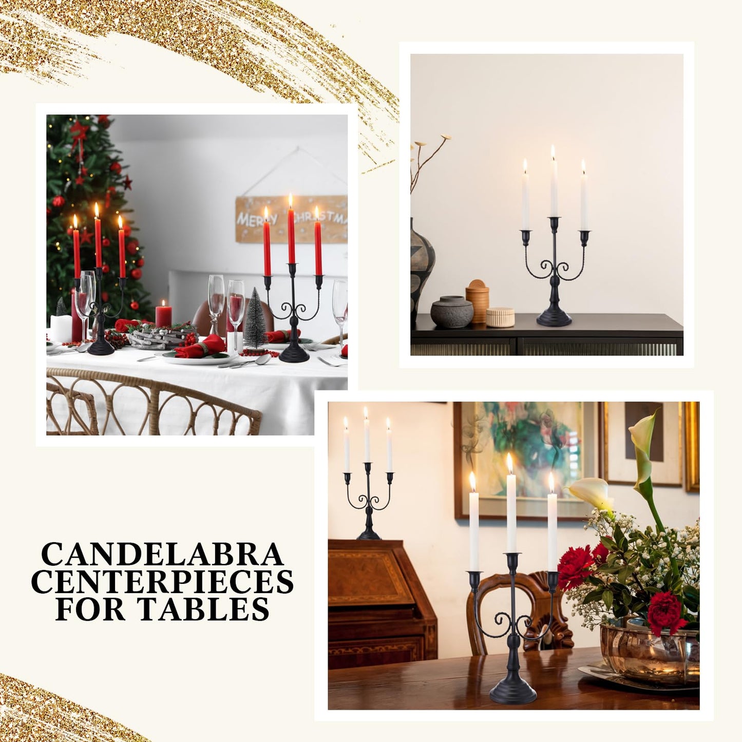 Dandat 3 Pcs 3 Arm Metal Candelabra Candlestick Holders Tall Candlestick Holders Gothic Candle Holder for Home Wedding Church Christmas Party(Retro,11.8 Inch,Black)