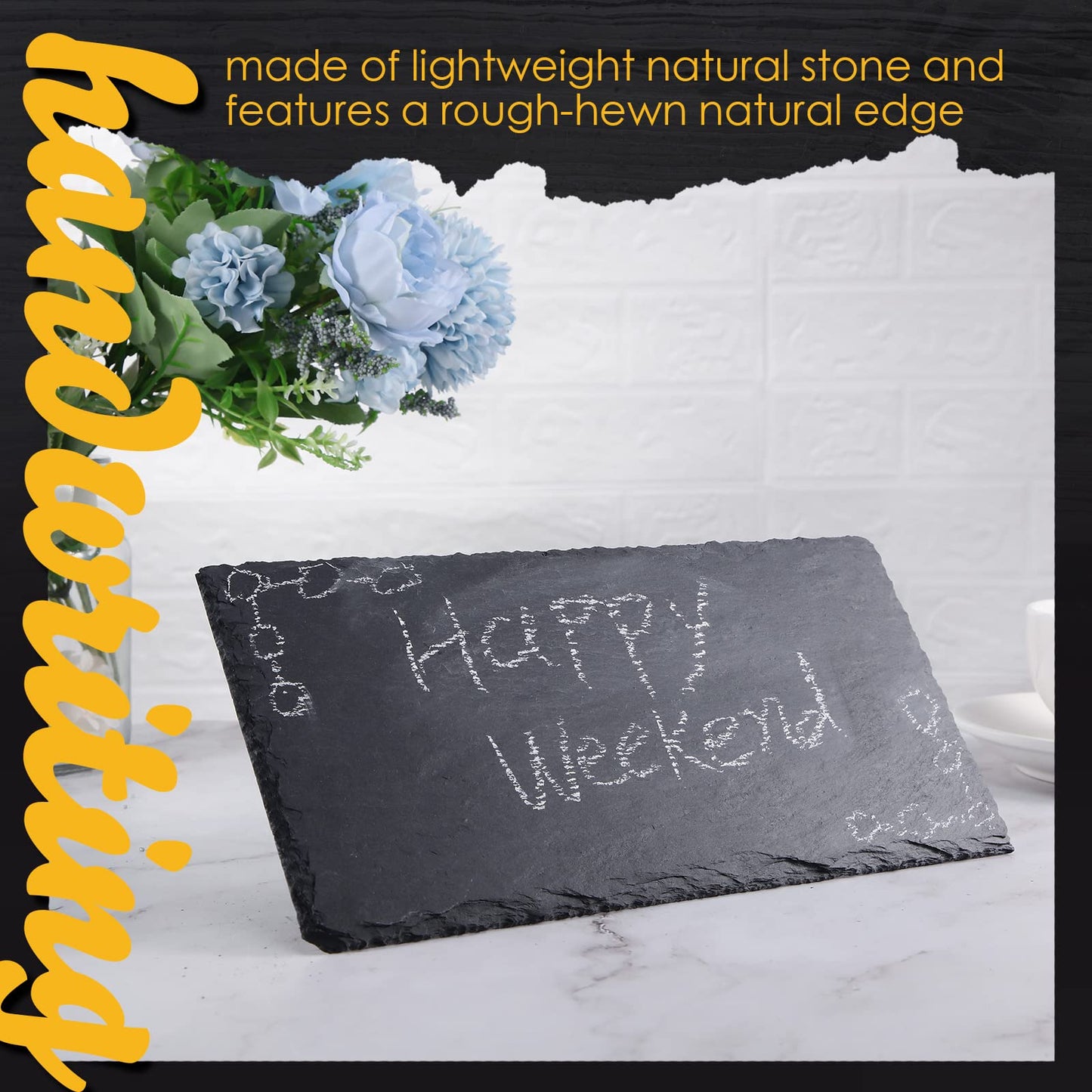 Zopeal 10 Pcs 10" x 5" Black Slate Charcuterie Boards Charcuterie Stone Plates with Natural Edge Slate Cheese Tray Serving Stone Board for Kitchen Dining Party Meat Fruits Display Chalkboard