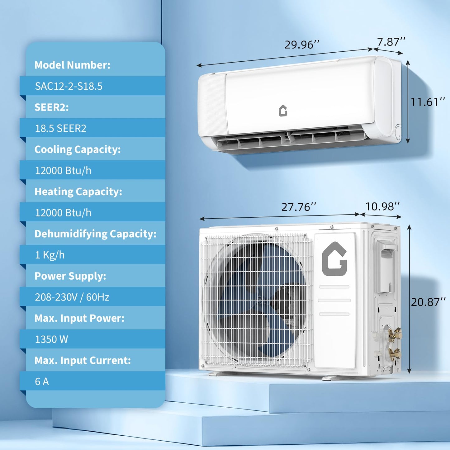 12000 BTU Mini Split Air Conditioner Heat Pump System,SEER2 18.5 Ductless Inverter AC Unit System with WiFi, Compatible with Alexa,Remote Control & Installation Kit, Cools Up to 750 Sq.Ft, 208-230v