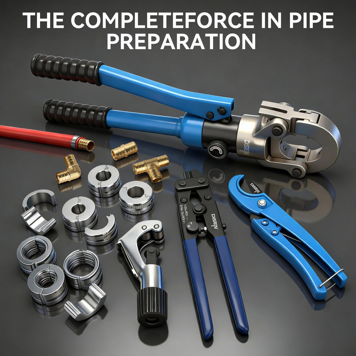 DISEN Hydraulic Copper Pipe Tube Fittings Crimping Tool with Copper Cutter, PEX Tubing Cutter and Copper Ring Removal Tool, Hydraulic Driven Press Tool with 8 Dies for Copper Pipe or PEX Pipe Crimp