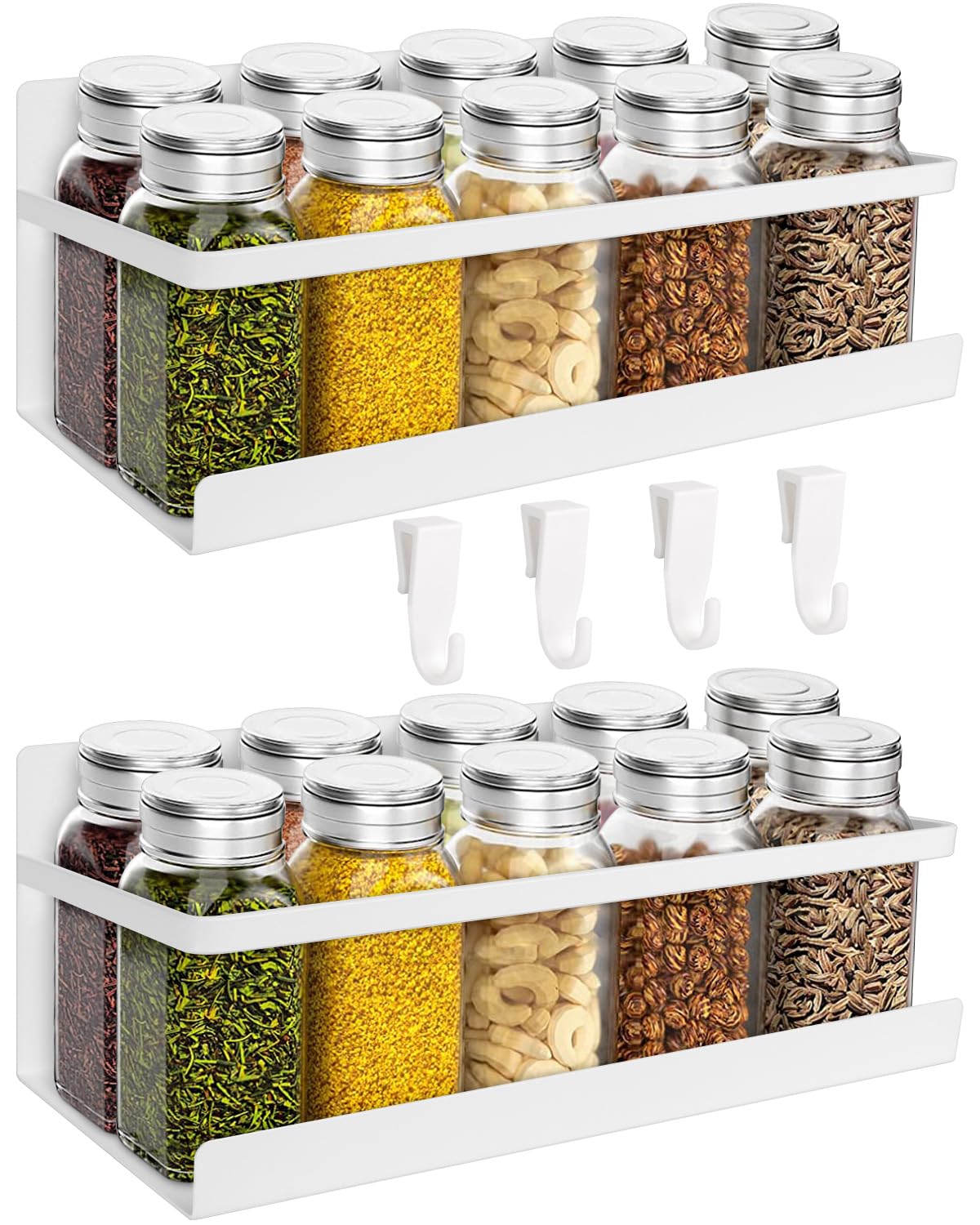 Magnetic Spice Rack for Refrigerator, 2 Pack Magnetic Shelf Fridge Organizer for Spice Jars, Magnet Shelves Seasoning Spice Holder with 4 Hooks for Kitchen White Board Pantry Organizers and Storage