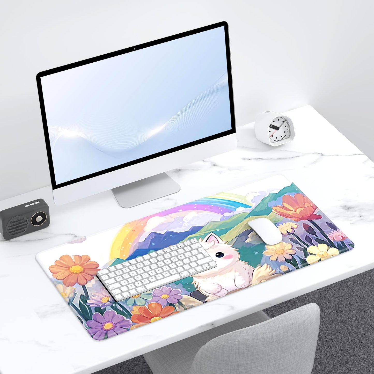 Desk Pad, 32" x 16" XXXL Extended Large Gaming Mouse Pad, Desktop Decor Desk Mat, Men Women Office Supplies and Accessories, Cute Anime Mouse Mat for Laptop & Keyboard, Rainbow Cute Cat