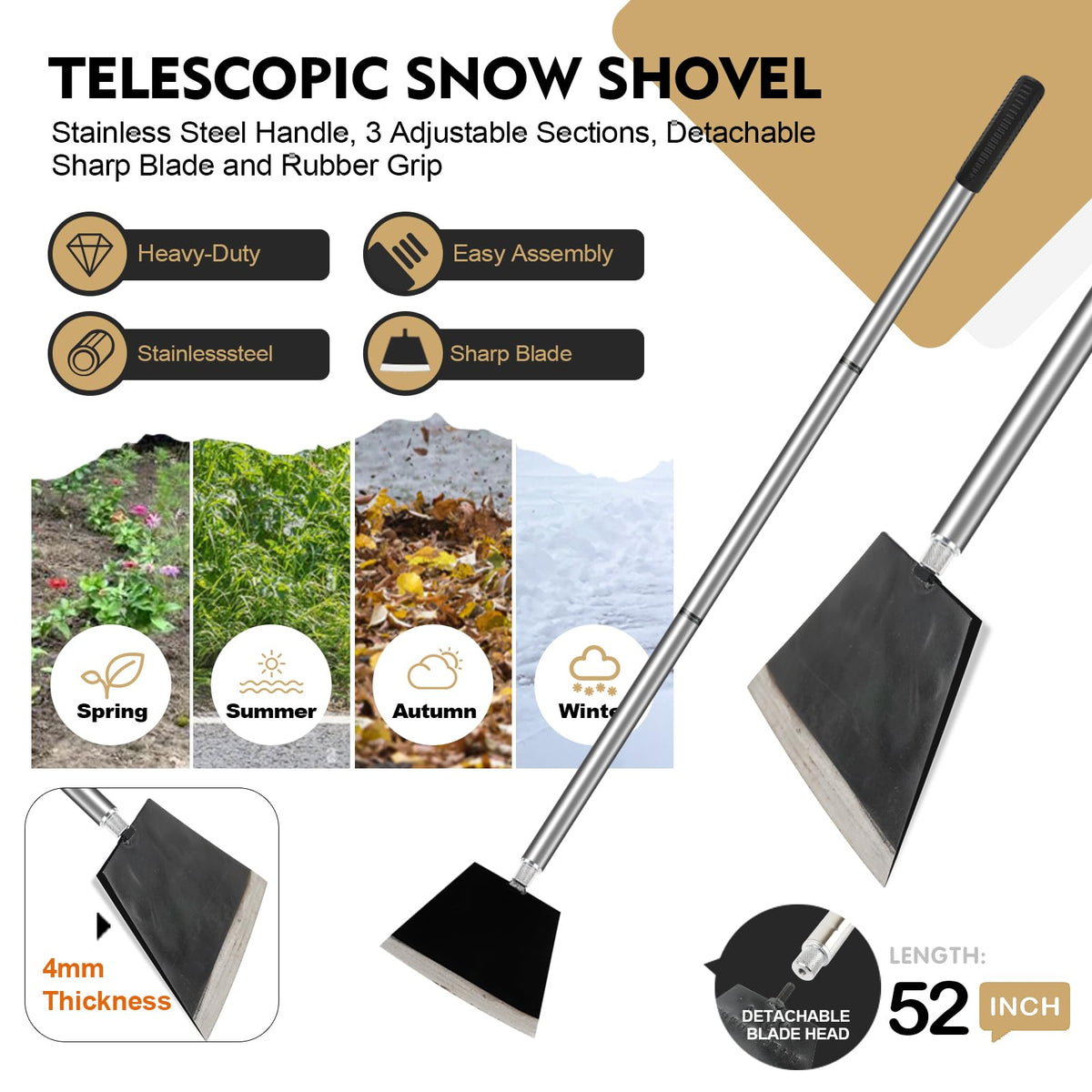 Smarkey Garden Shovel, Floor Cleaning Scraper Tool, Snow Shovel Ice Scraper, 47 inch Weed Removal Tool with 3 Sections Long Handle for Moss,Sidewalks, Driveway Yard Working - Heavy Duty