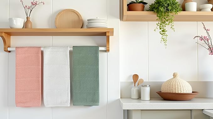 Sage White Light Pink Kitchen Hand Dish Towels: Oversized 28" x 18", 100%