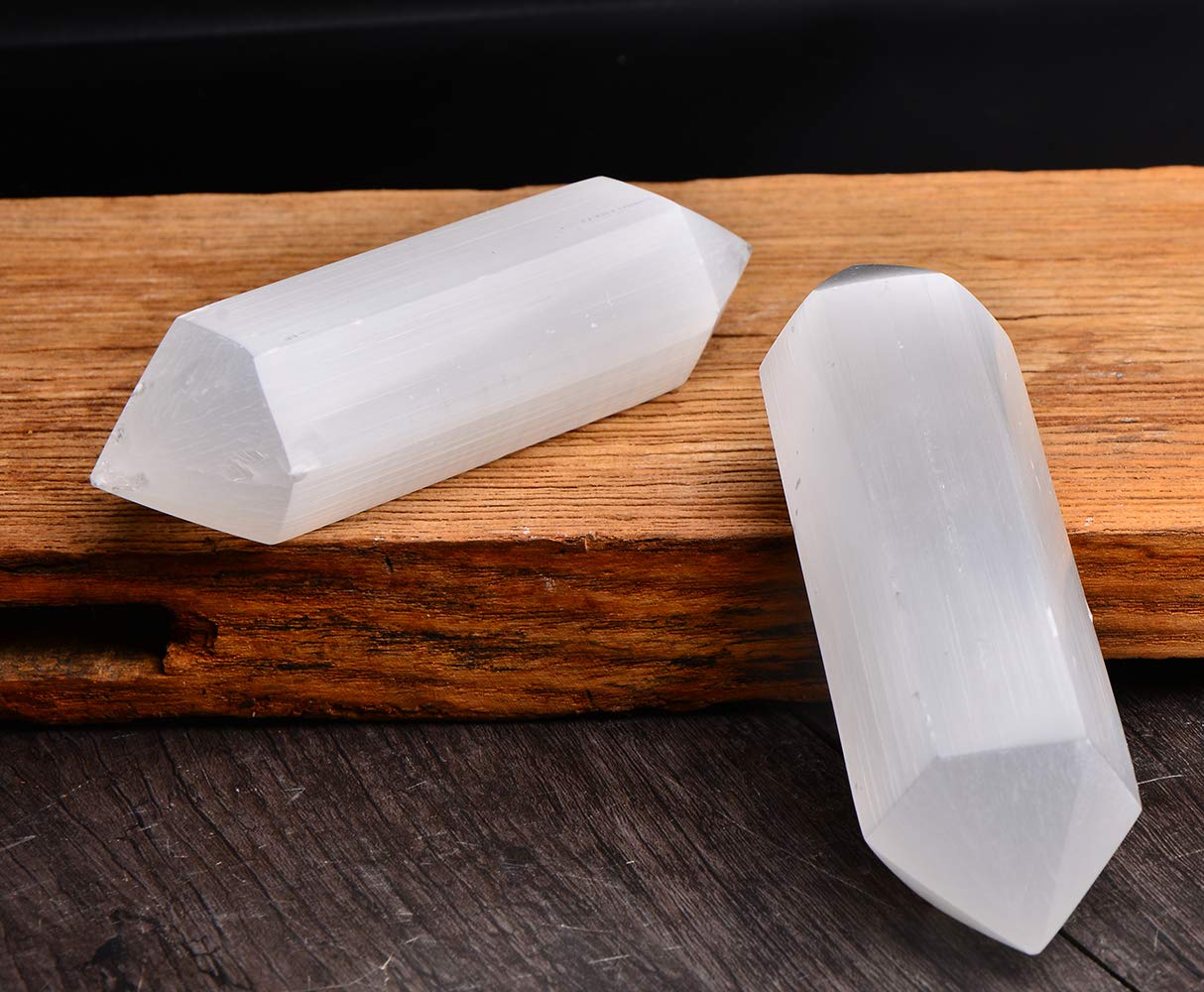 AMOYSTONE Selenite Crystal Wand Double Termated Crystal Point 6 Sides Selenite Wands Large 6" 1 PC