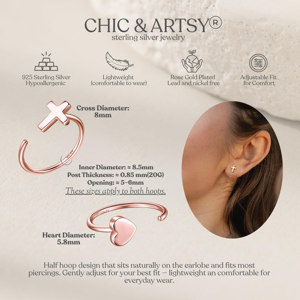 Half Hoop Earrings 18K Rose Gold Plated 925 Sterling Silver Cross & Heart Huggie Earrings Open Huggie Hoop Earrings Huggy Sleep Earrings for Women 2 Pairs