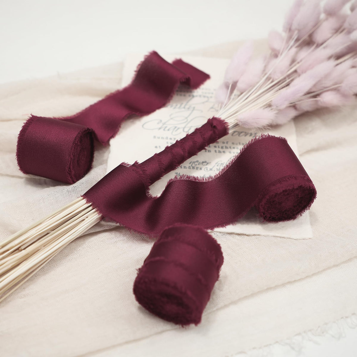 Keypan Burgundy Ribbon for Gift Wrapping, Silk Satin Chiffon Frayed Fabric Ribbons for Crafts Flower Bouquets Wedding Invitation Decor Christmas 1-1/2 Inch x 21 Yd