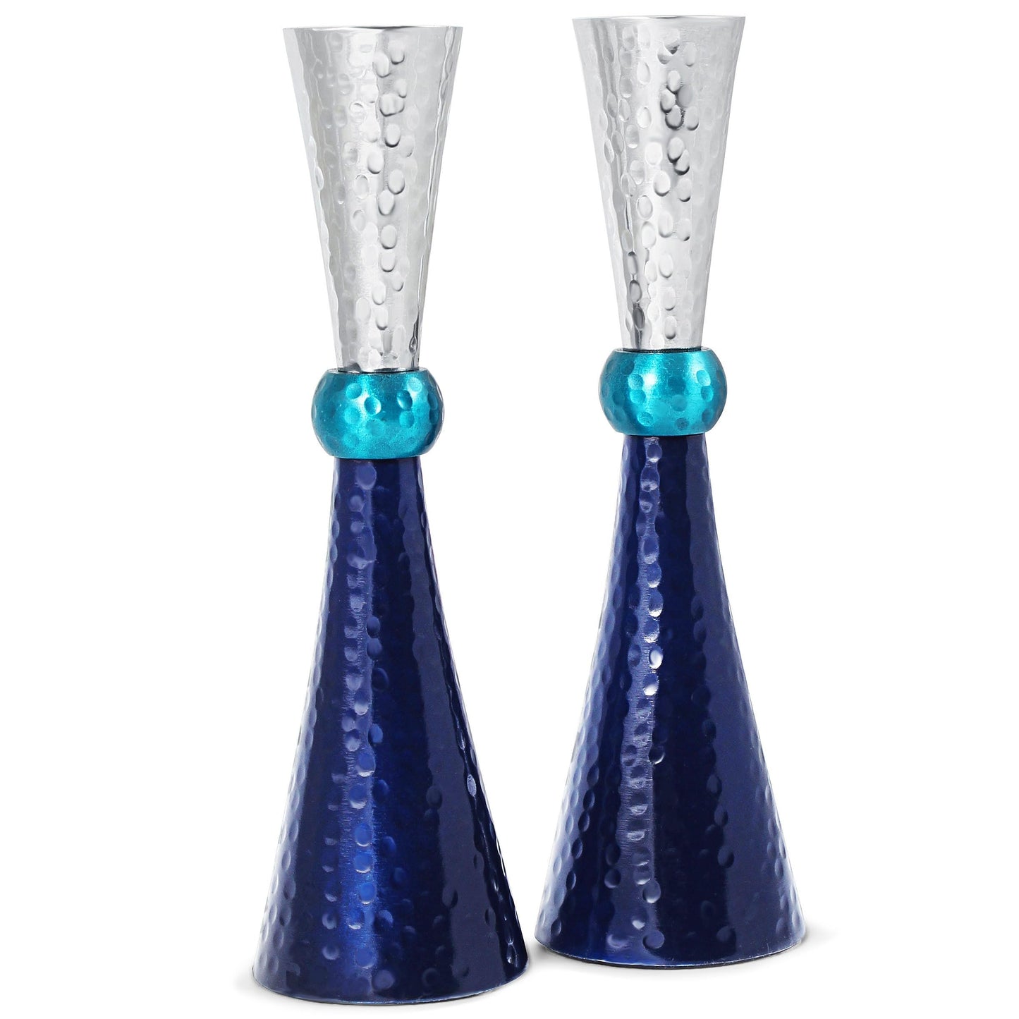 Zion Judaica Classic Candlestick Holders Set of 2 - Anodized Metal Hammered Finish - Fits Thick Tapered and Shabbat Candles - Blue Tones and Silver
