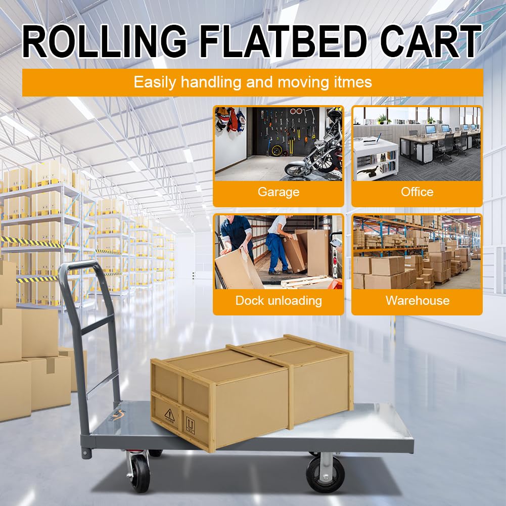 DMC-FPPS 24"x48" Heavy Duty Steel Platform Truck, 2200 lbs Load Capacity Flatbed Hand Truck, Flatbed Cart & Platform Cart with 6" Solid Rubber Casters for Warehouse & Material Handling