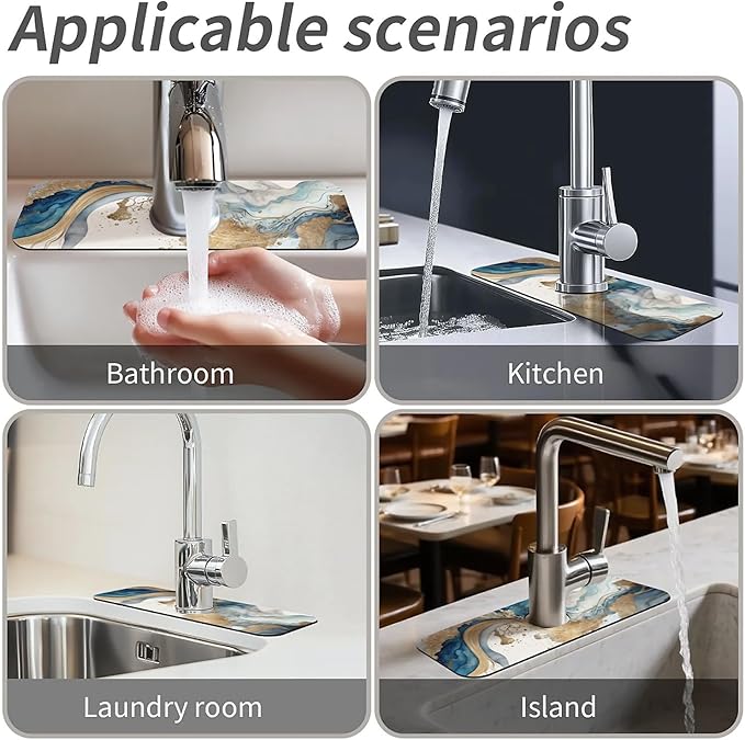 Kitchen Sink Splash Guard,Natural blue and gold marble Faucet Mat Sink