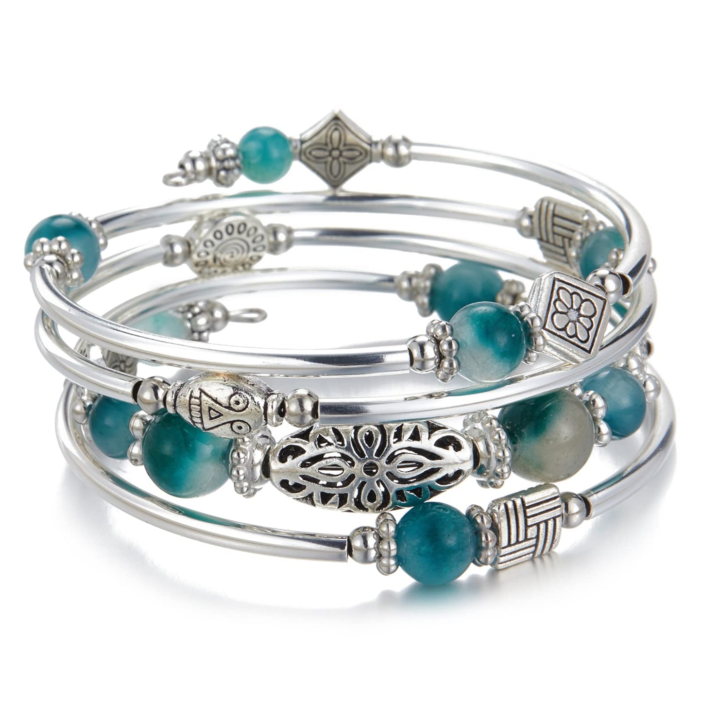 BULINLIN Beaded Silver Bangle Wrap Bracelet for Her, Layered Bohemian Bracelets with Natural Stone, Jewellery Gifts for Women Ladies (Jade Green)