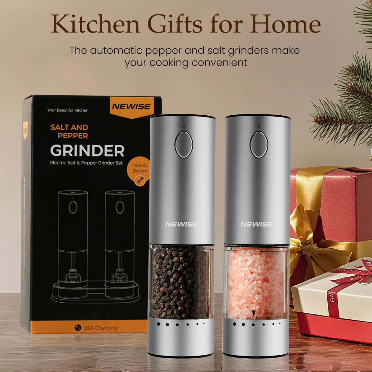 Newise Electric Salt and Pepper Grinder Set - Rechargeable Stainless Steel Salt and Pepper Shakers with LED Lights, Adjustable Coarseness, Large Capacity, Kitchen Appliances Gifts for Women