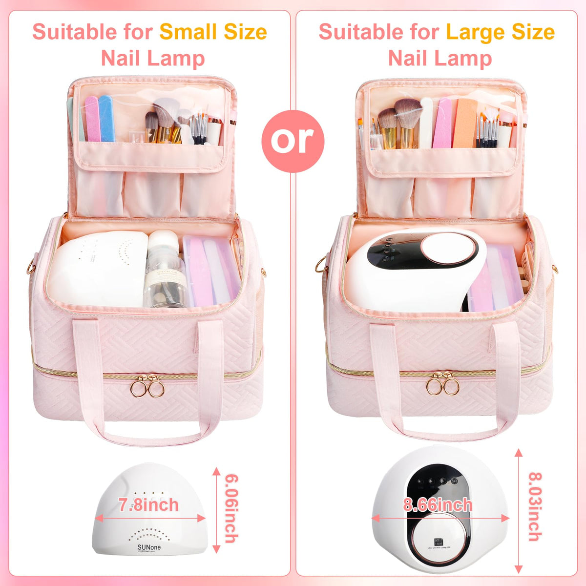Veirdro Nail Polish Organizer Bag Holds 80 Bottles (15ml/0.5fl.oz)& Nail Lamp, Soft Velvet Nail Kit Storage Carrying Case with Shoulder Strap, Double Layer Nail Supplies Organizer Handbag Women (Pink)