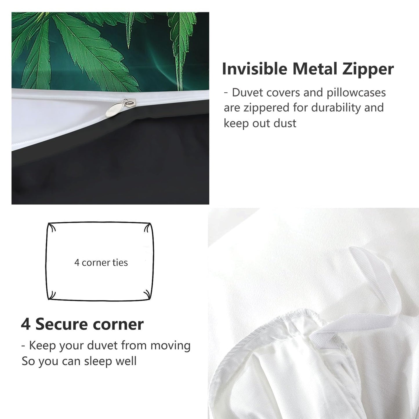 Duvet Cover Twin Size, Reversible King Duvet Cover Set with Pillowcases Zipper Closure, Plant Marijuana Leaf Texture Microfiber Bedding Set with 4 Ties, Black