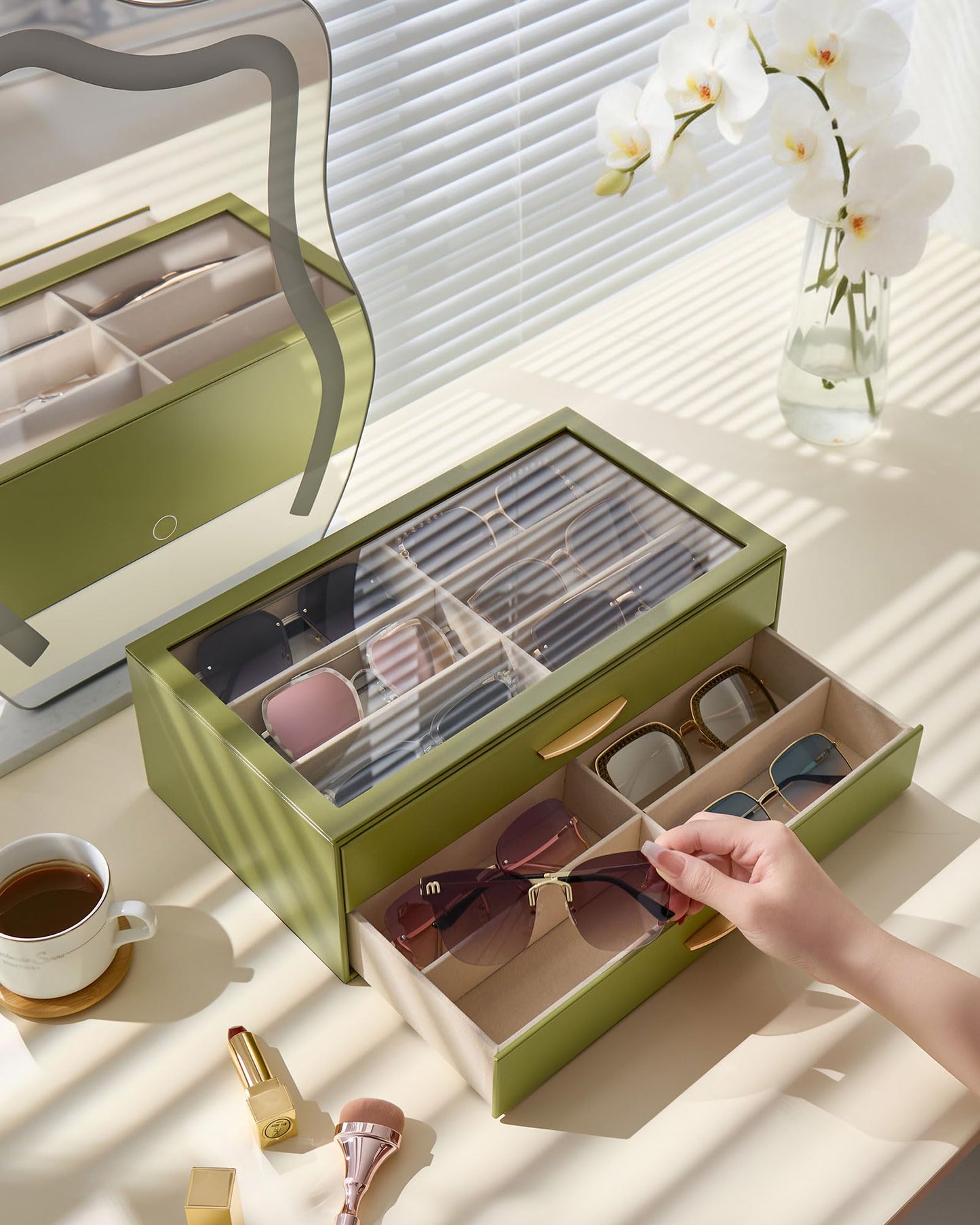 Lolalet 12 Slots Women’s Sunglasses Organizer with Enlarged Compartment, 2-Layer Eyewear Storage Box, Glasses Case Display Holder with Clear Lid for Eyeglass Collection, Mothers Day Gifts -SageGreen