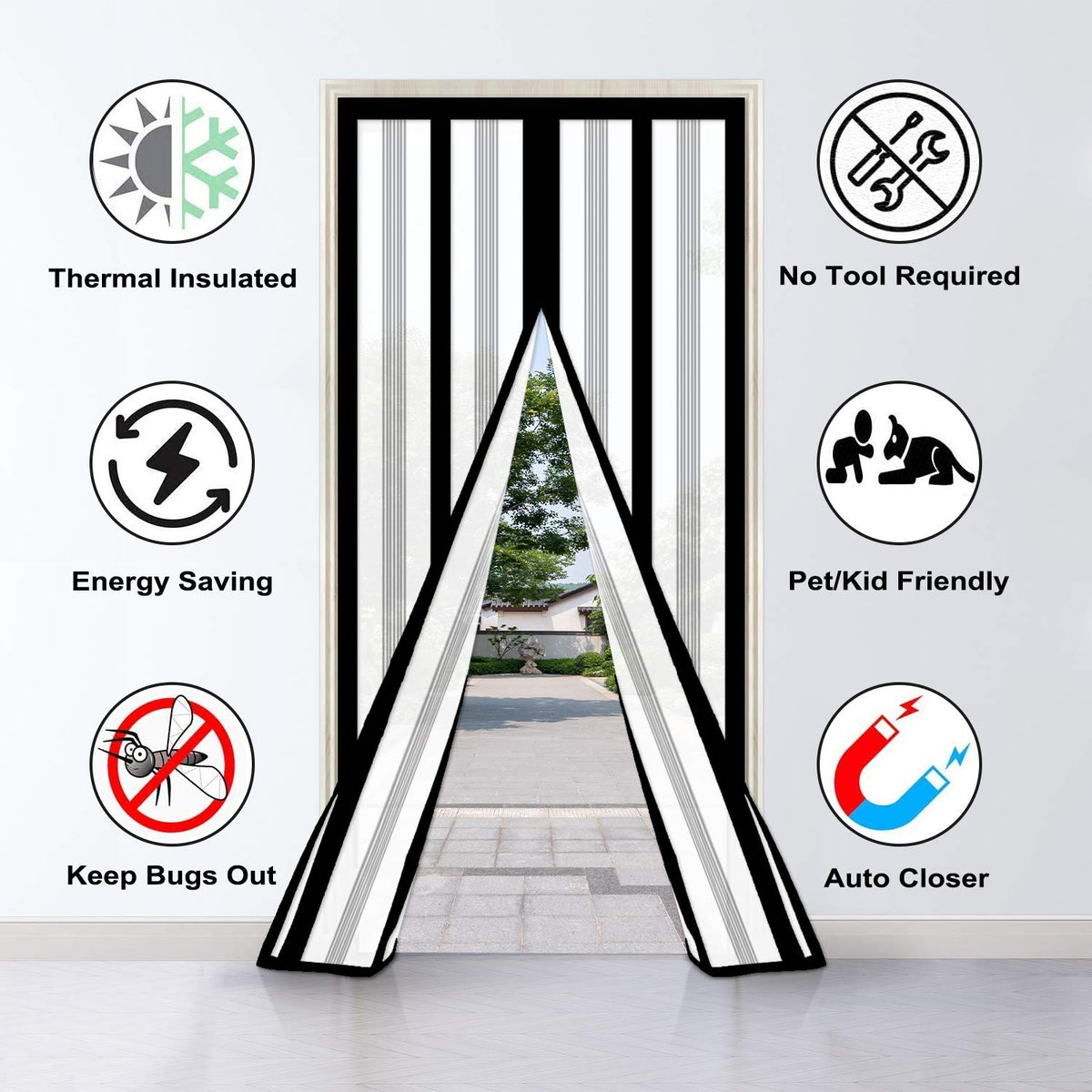 Insulated Door Curtain, Magnetic Thermal Door Cover Screen Door Self-Closing Privacy Magnetic Screen Door Hands Free for Patio, Kitchen, Bedroom, Air Conditioner Room, Fits Doors up to 34" x 80",Black