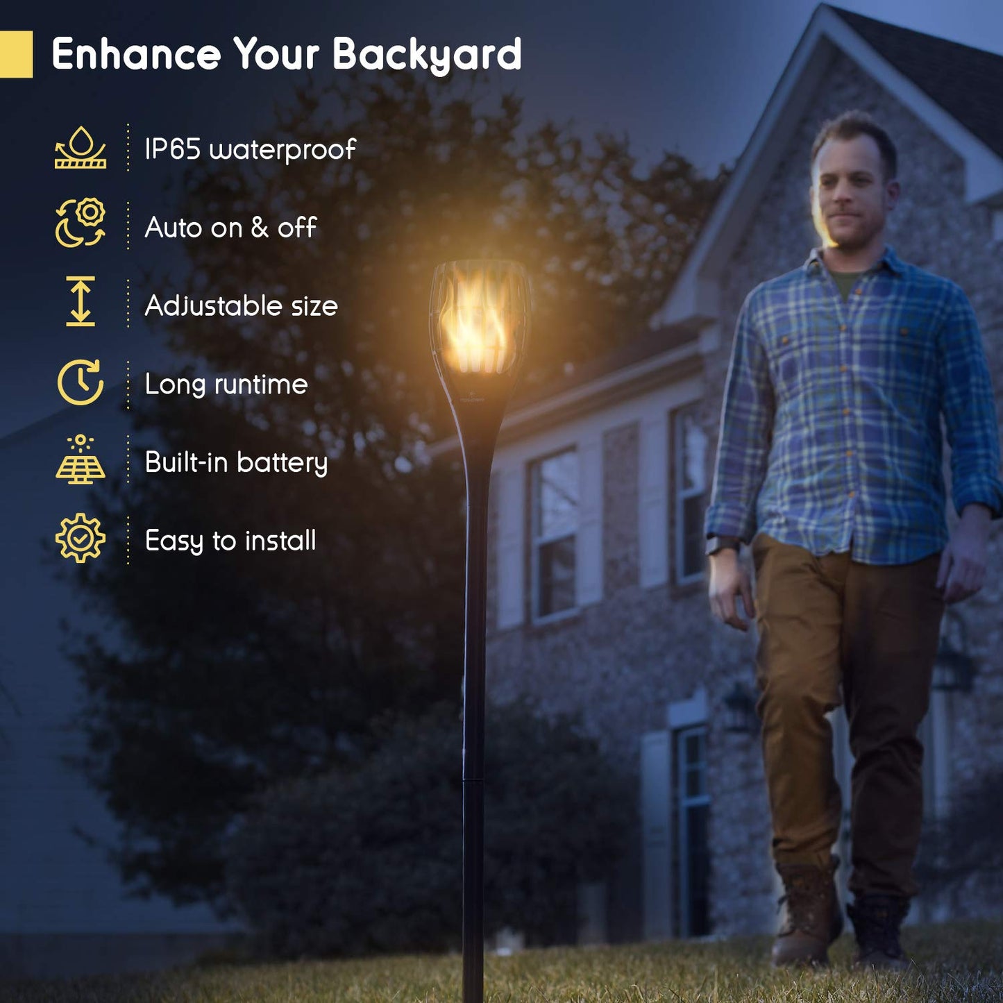 Everbeam P1 Solar Torch Light with Flickering Flame - Our Waterproof Outdoor Solar Tiki Torches Come Equipped with 96 LED Bulbs That Create A Stunning Realistic Fire Effect - 2 Pack