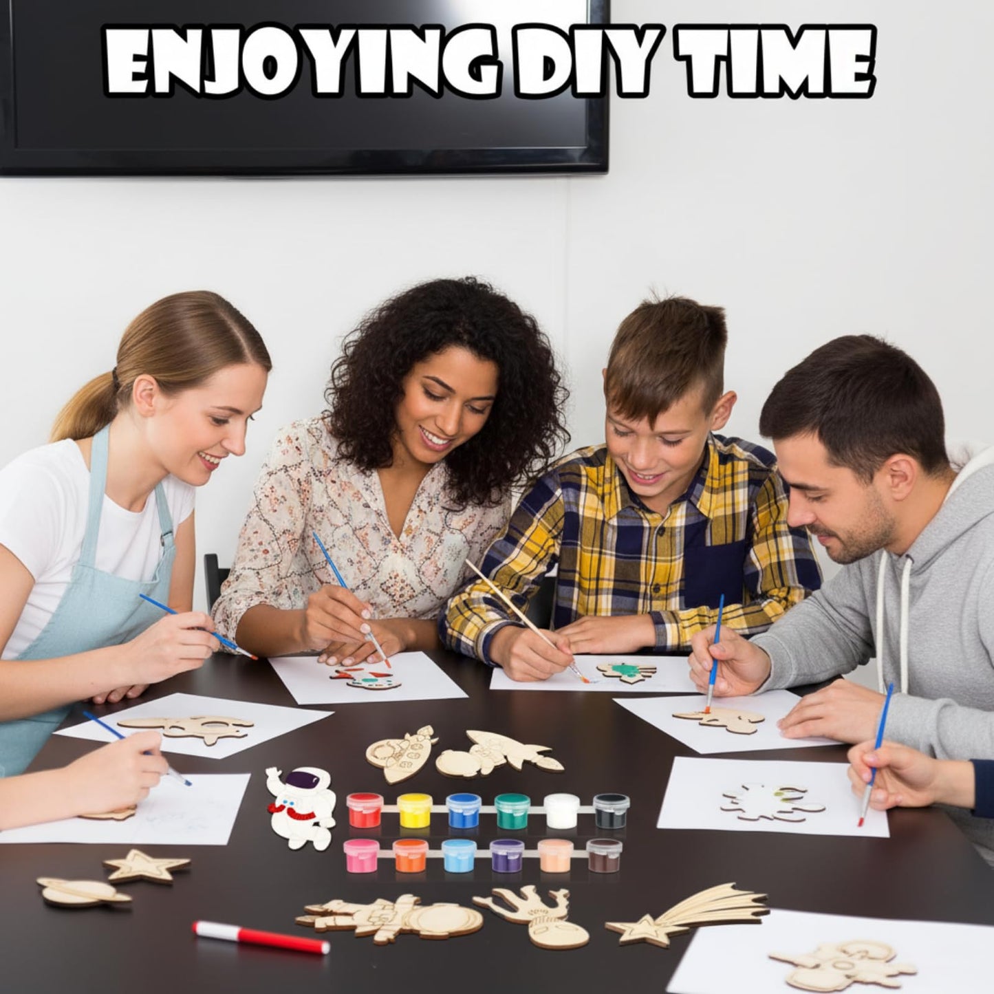 JellyArch 24 Pcs Unfinished Wood Cutouts Space Paint Kit Set and DIY Crafts for Classroom School Birthday Gifts Paint Your Own Painting Bulk Kits and Crafts
