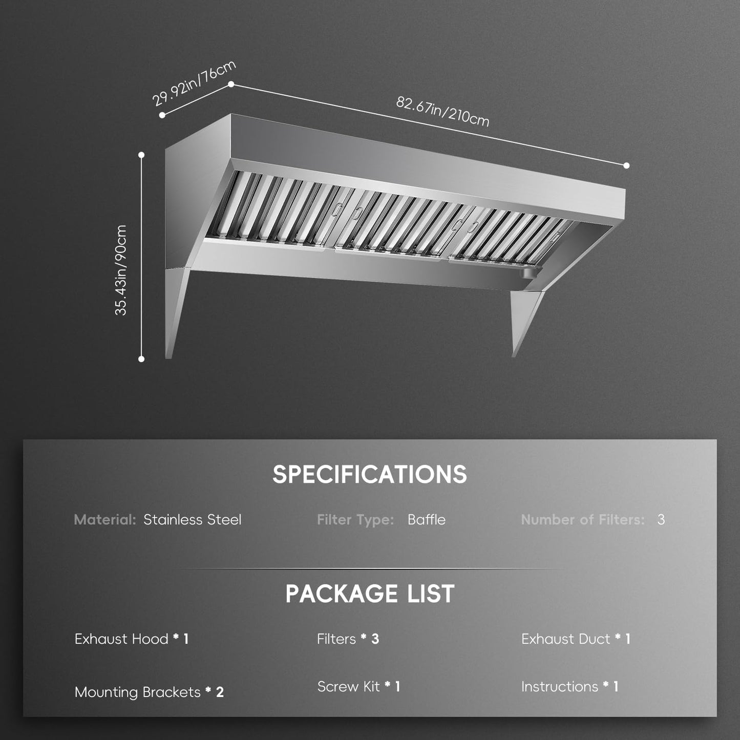 7FT Heavy-Duty Commercial Exhaust Hood – 201 Stainless Steel Wall-Mount Kitchen Ventilation with 4 Detachable u-Shaped Grease Filters, Rust-Resistant for Restaurant, Food Truck, Concession Trailer & c