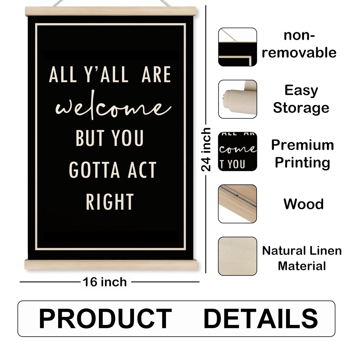 HRQKO Funny Welcome Sign Wall Decor Poster Hanger Frame, Door Signs Posters Wall Art With Wooden Frames, All Y'all Are Welcome Wall Hanging Banner Decor for Home Living Room Entryway, 16x24 Inch