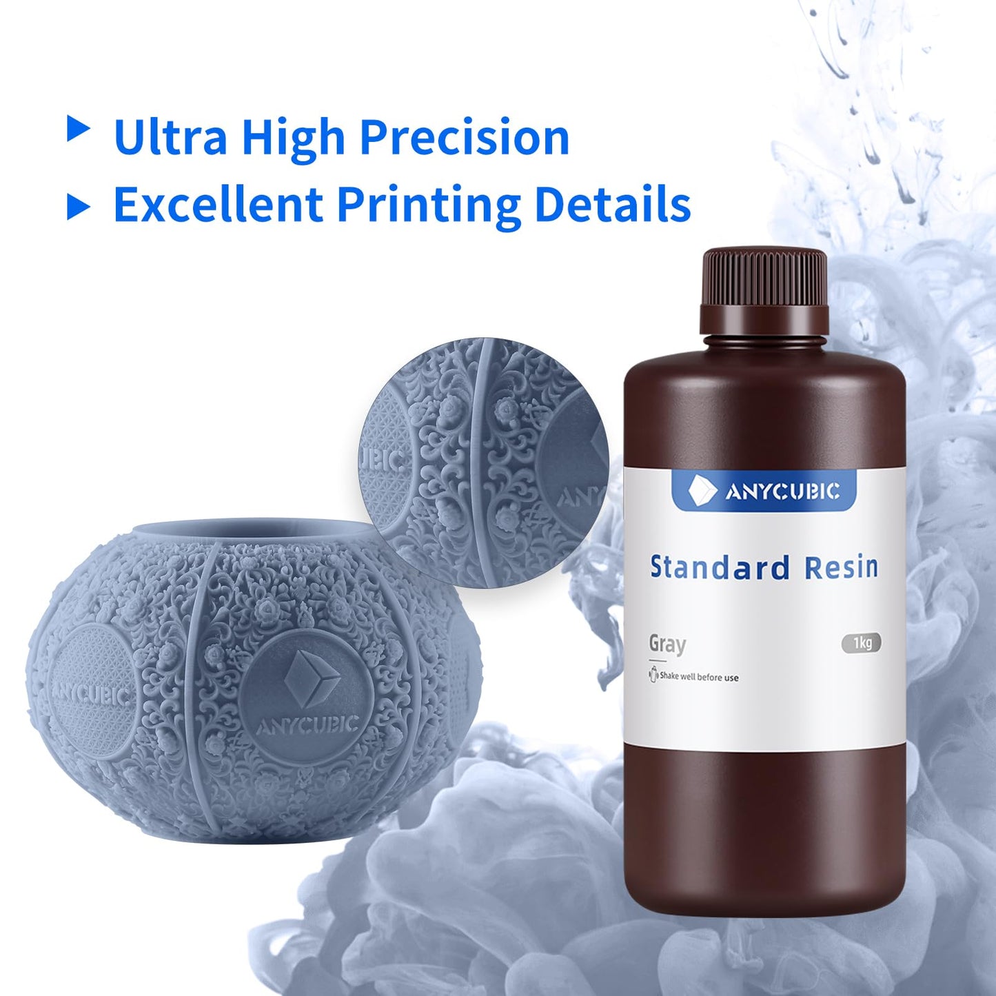 ANYCUBIC 3D Printer Resin 1KG, Standard 405nm UV Fast Curing Photopolymer Resin with High Precision and Low Shrinkage for 8K/14K LCD Resin 3D Printer, Grey
