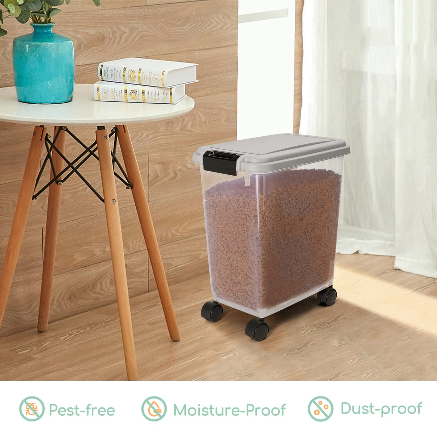 Nobleza Dog Food Storage, 20L/7.5KG Airtight Pet Food Storage Container with Wheels and Measuring Scoop, Safe & Eco, Flip-Up Lid Dog Cat Animal Dry Food Seed Dispenser Plastic Bin Large Transparent