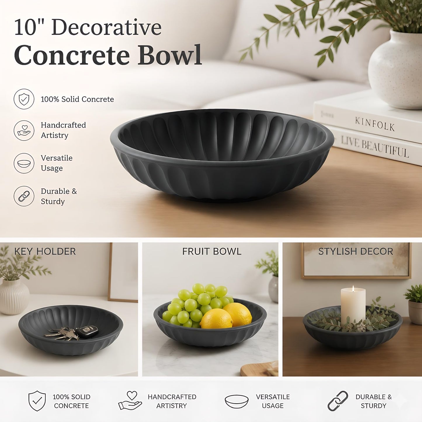 Songtec Concrete Decorative Bowl, 10" Large Decorative Bowls for Home Decor Entry Cabinet (Black)