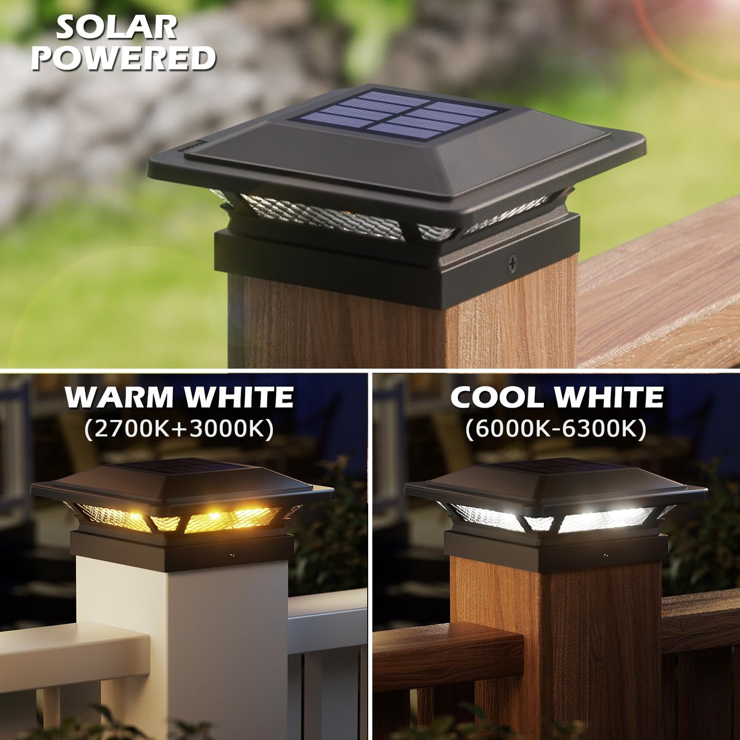 SIEDiNLAR 4x4 Solar Post Cap Lights 16 LEDs 2 Modes 3.5x3.5 4x4 Wooden Vinyl Post Light Waterproof Outdoor for Deck Fence Garden Patio Decor, Warm/Cool White (12 Pack, Black)