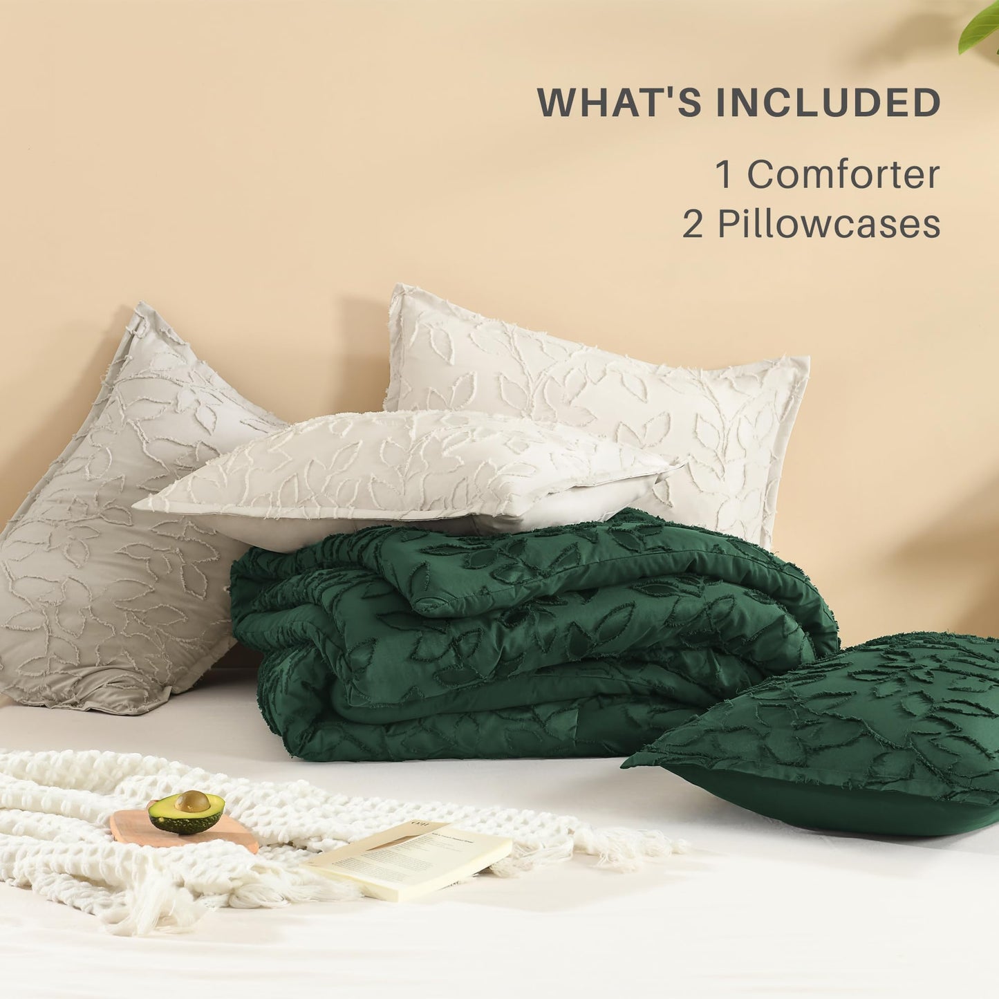 Litanika King Size Comforter Set Oatmeal, 3 Piece Khaki Boho Tufted Bedding, Beige Fluffy Farmhouse Bed Set for All Season with 2 Leaf Pattern Pillowcases(104x90In)