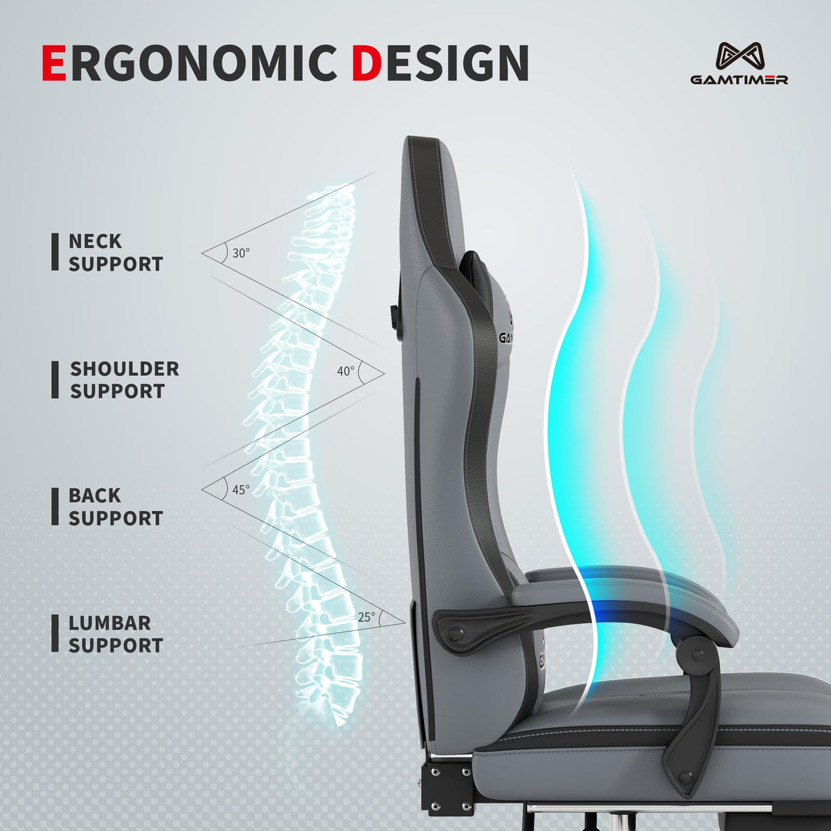 Gamtimer Gaming Chair with Footrest, Ergonomic Computer Chair, PU Breathable Material with Headrest and Lumbar Support, Suitable for Silla Gamer and Adults(Grey)