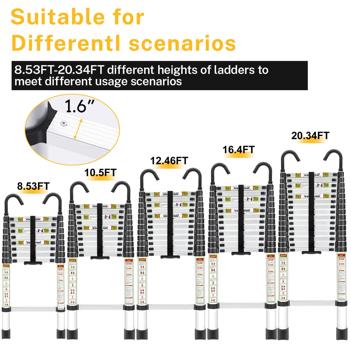 RIKADE Telescopic Ladder, 20.3 ft Aluminum Telescoping Ladder with Stable Hook and Non-Slip Feet, Portable Extension Ladder for Household and Outdoor Working, Max Load 330 lb, Aluminum