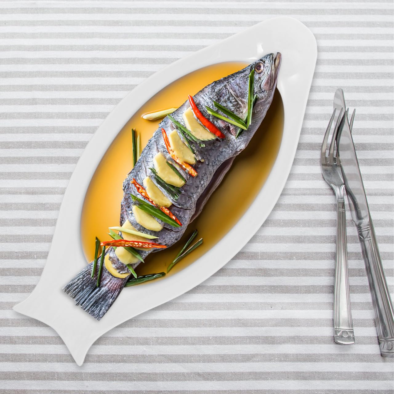 Hemoton Oval Ceramic Fish Plate 15.74X7.48In Pure White Steamed Fish Dish Serving Platter for Kitchen Dining and Entertaining