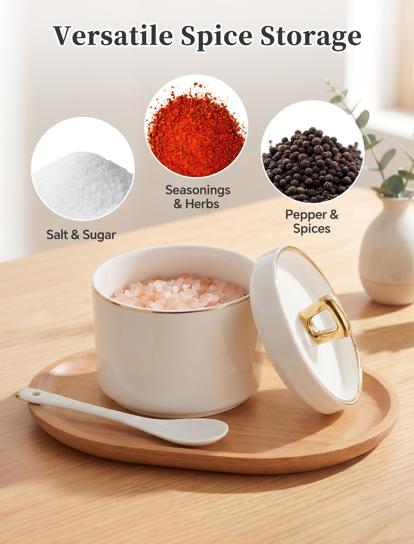 NiHome Ceramic Salt Cellar with Lid and Spoon, Seasoning Container for Salt Sugar Pepper Herbs, Smooth Non-Stick Surface & Non-Slip Base, Kitchen Storage for Countertop and Dining Table, 1 Pack