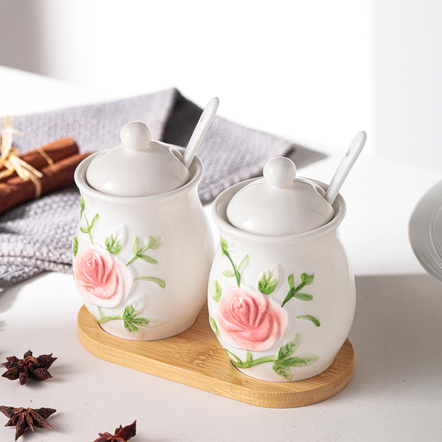 Seasonsplan Hand Drawn Relief ceramics Ceramic Sugar Bowl 2 Pack, PorcelainJar with Tray, Spoon and Lid for Sugar, Pepper, Coffee, Spice, Salt, 8 Ounces (Hand Drawn Relief)