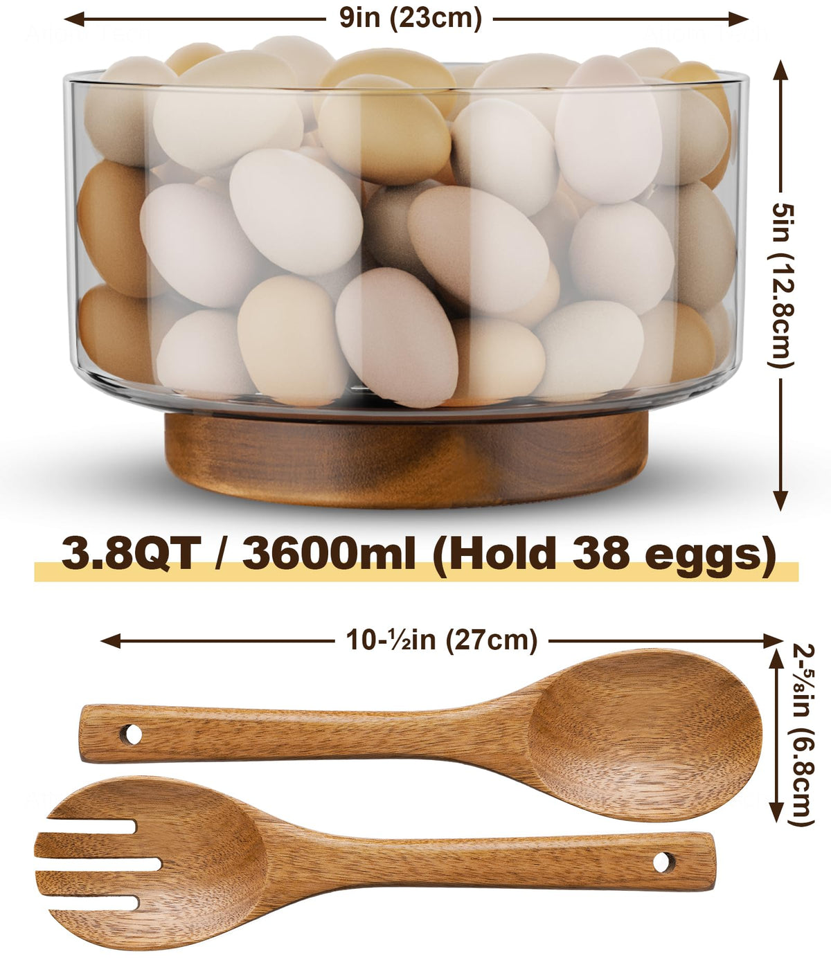 NiHome Glass Salad Bowl with Acacia Wood Salad Tongs, Large Capacity Design with Enhanced Stability, Versatile Serving Dish for Salads, Fruits, Ideal for Gatherings & Daily Family Dining