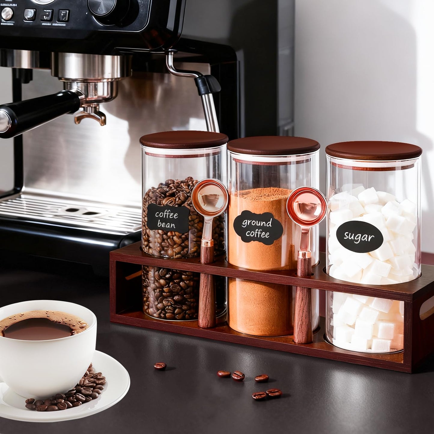 ZOMUIA Glass Coffee Containers Airtight Coffee Bean Storage Canisters with Shelf, 3Pcs 44oz Coffee Station Organizer, Kitchen Food Storage Jars for Sugar, Candy, Oats, Nuts (Retro)